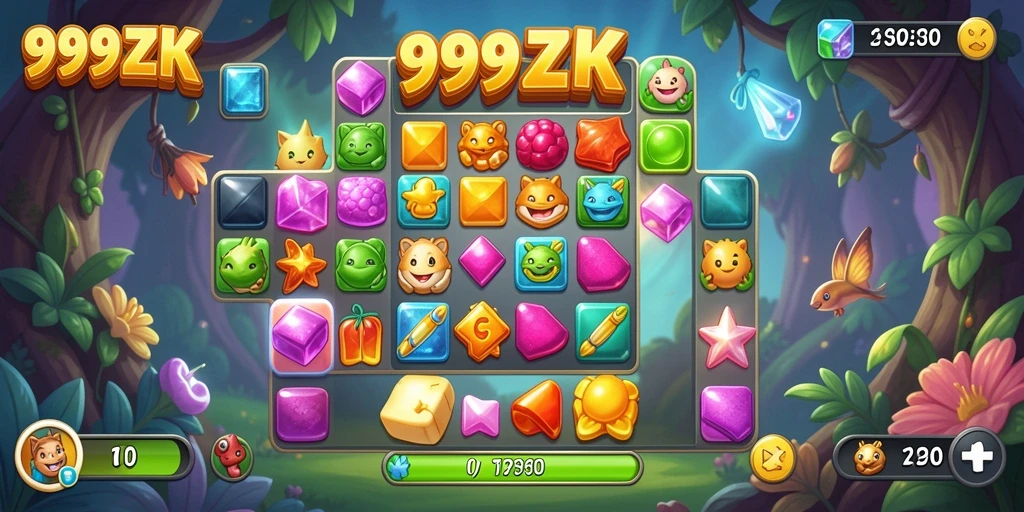 Tampilan permainan seru di <strong>999ZK</strong> saat mencocokkan permata.