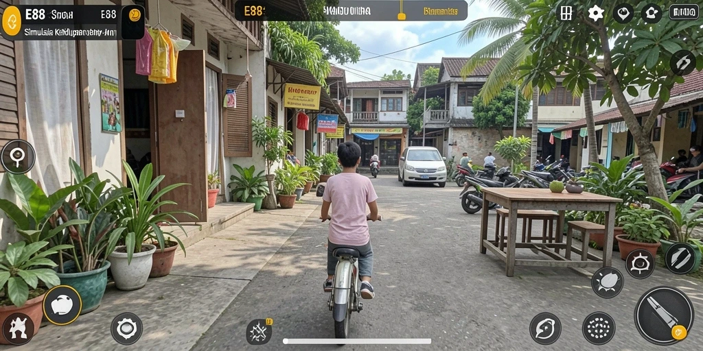 Tangkapan layar dari gameplay E88 yang menampilkan aktivitas sehari-hari karakter.