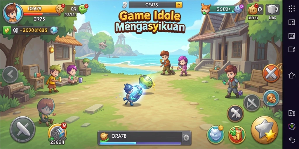 Layar gameplay <strong>ORA78</strong> menunjukkan karakter sedang mengumpulkan sumber daya.
