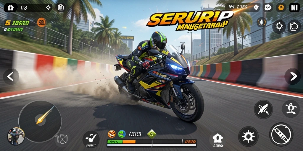 Tangkapan layar dari gameplay balapan motor SERURP yang mendebarkan.
